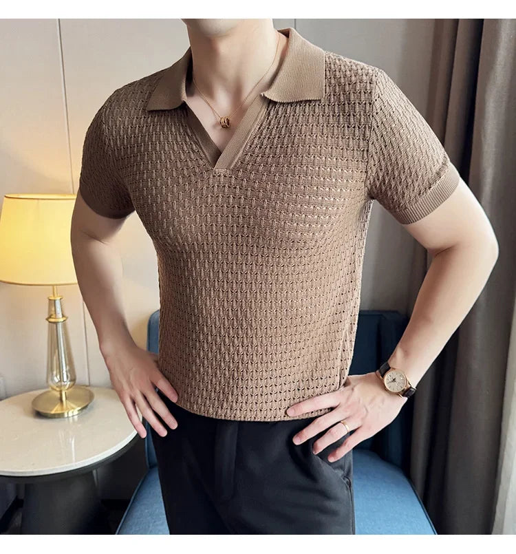 Men's Polo Shirt 2024 Summer New Light and Thin Knitted Hollow Solid Color Casual Short Sleeved V-neck T-shirt Men's Clothing