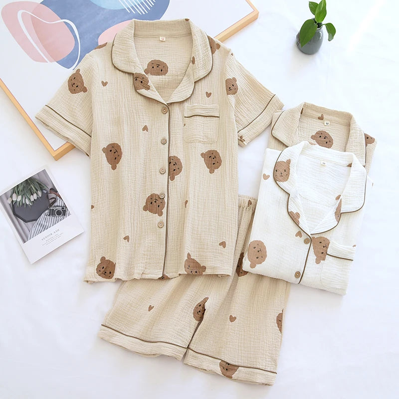 Summer Couple Pure Cotton Cute Bear Pajamas Set Crepe Gauze Sleepwear Female Short Sleeved Pijama Loungewear Crepe Ladies Pyjama