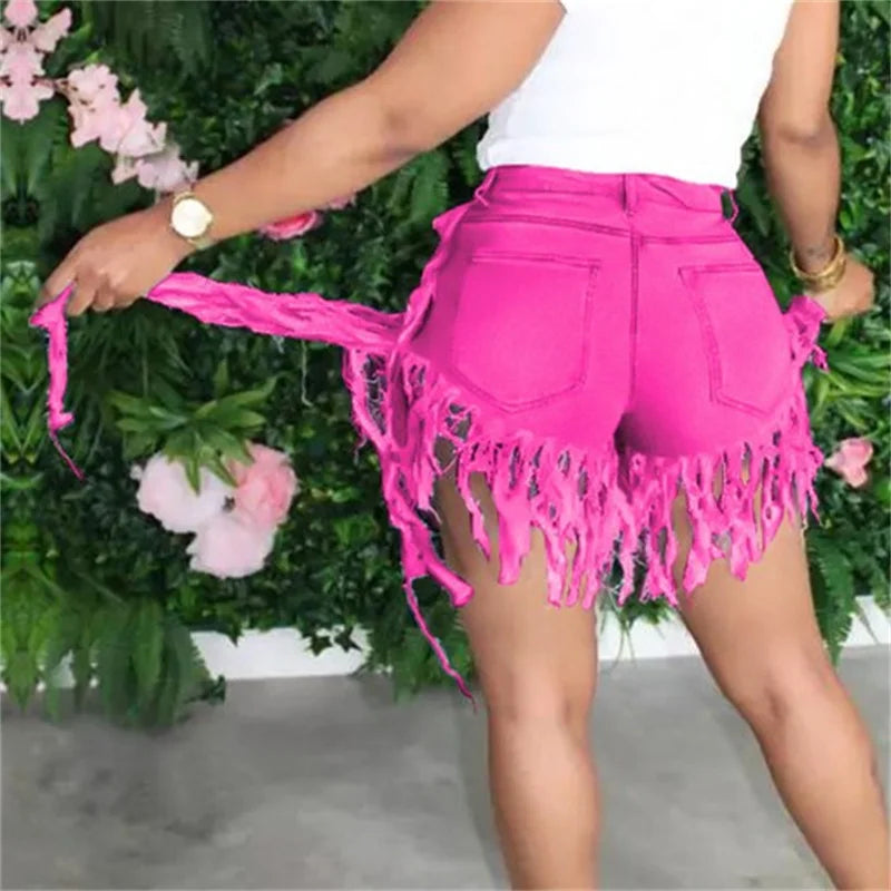 Fashion Tassel Splice Trouser Legs Denim Shorts Women High Waist Button Mini Jeans Female Casual Three Quarter Pants Streetwear - reetell