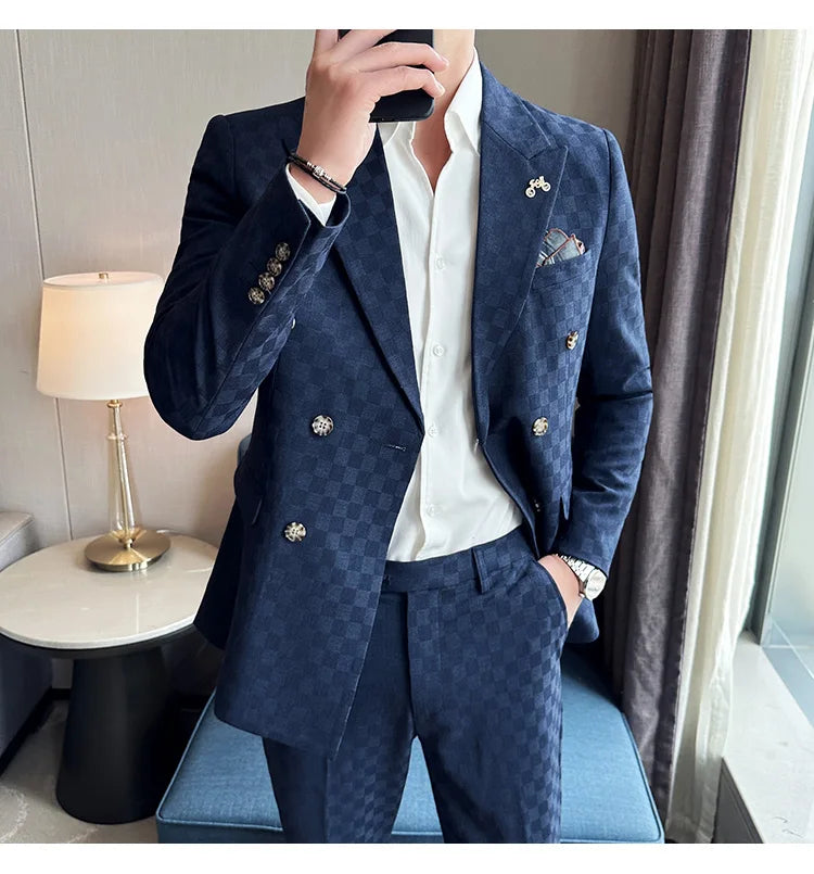 (Jacket+Pants) 2 Pieces Blue Apricot Business Party Men Suits Double Breasted Formal Style Custom Made Wedding Groom Tuxedos - reetell