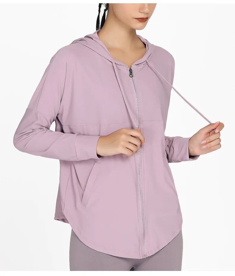 Women Fitness Jacket Breathable Sun Protection Sweatshirt Loose Sports Running Zipper Jacket With Pockets Gym Coat Outerwear