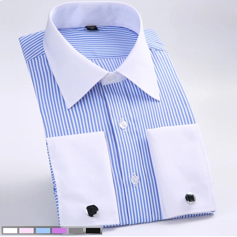 M~6XL Men's French Cuff Dress Shirt 2024New White Long Sleeve Formal Business Buttons Male Shirts Regular Fit Cufflinks Shirt - reetell