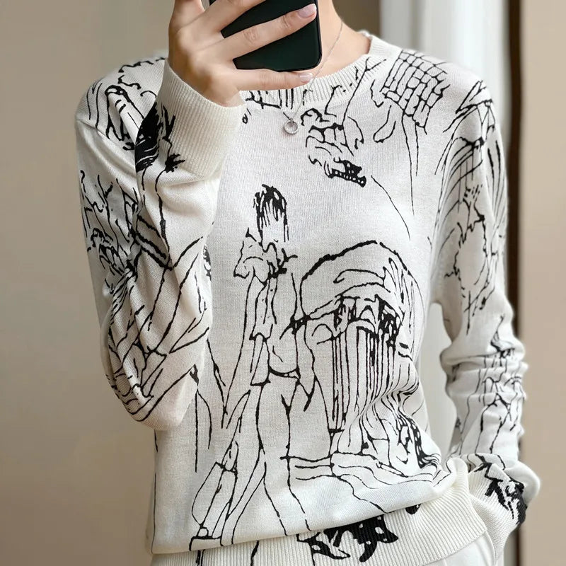 Spring And Autumn New Wool Knitted Cardigan Female Graffiti Print Loose Pullover Long Sleeve Round Neck Thin Sweater Coat XZ TY - reetell