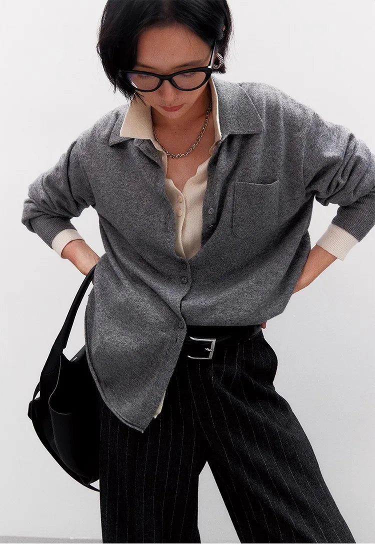 Europe station loose mid-length POLO collar 100% cashmere knit cardigan women's spring and autumn large size lapel sweater - reetell