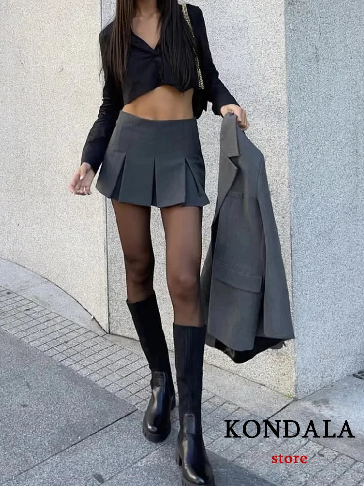 TRAFZA Vintage Dark Grey Mini Skirts Women Ruffles Pleated Sexy Shorts Skirts Female Fashion 2024 Streetwear Mujer Faldas - reetell