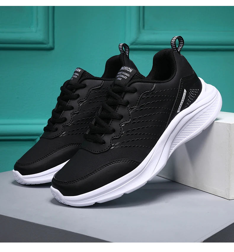 Waterproof Leather Chunky Sneakers for Women, Running Shoes, Casual Sports Shoes, Black Trainers, Autumn, Spring