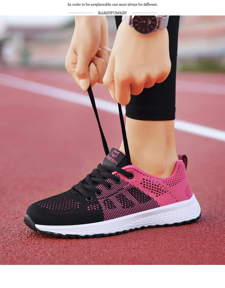 Women Casual Shoes Breathable Walking Mesh Lace Up Flat Shoes Sneakers Women Tenis Feminino Pink Black White - reetell