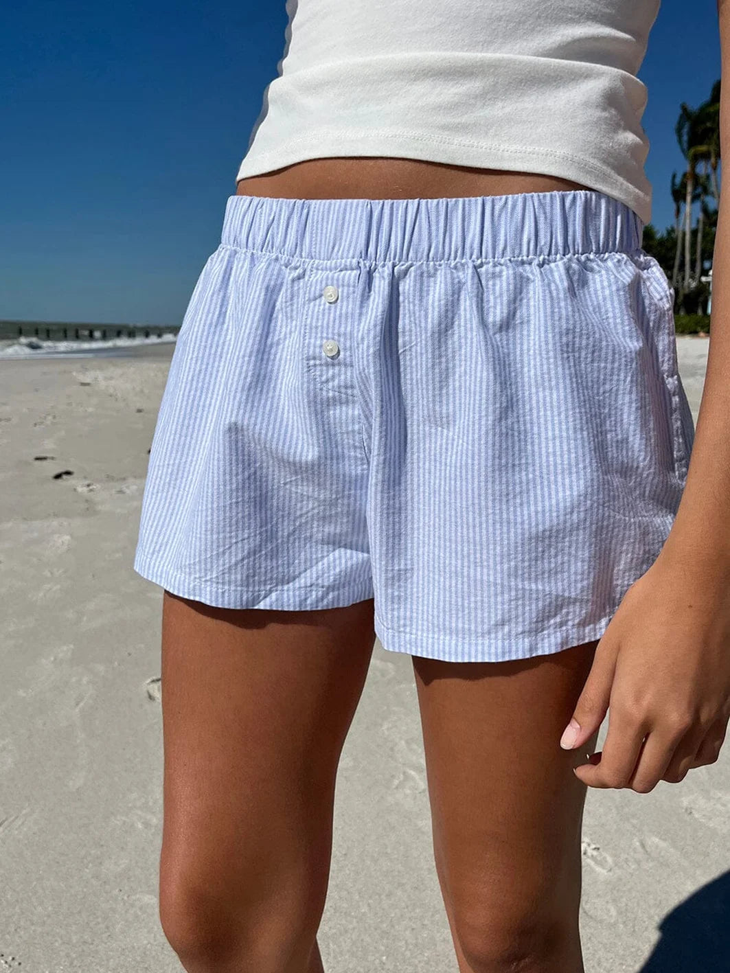 Blue Striped Straigth Shorts Women Summer Elastic Waist Buttons Casual Short Pant Sweet Girl Cotton Y2k Pants Home Underwear - reetell