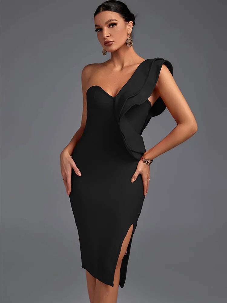 Ruffle Bandage Dress Black Bodycon Dress Evening Party Elegant Sexy One Shoulder Birthday Club Outfit 2022 Summer New Arrival - reetell