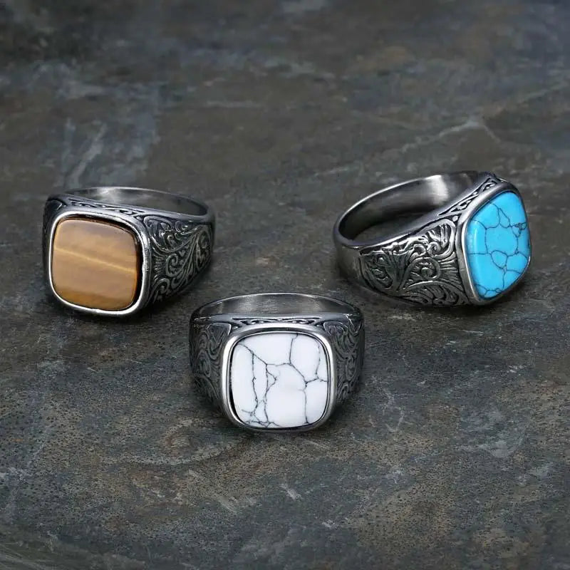 Fashion Square Turquoise Stone Men Ring Vintage Titanium Stainless Steel Seal Rings Punk Hiphop Male Finger Jewelry Gift