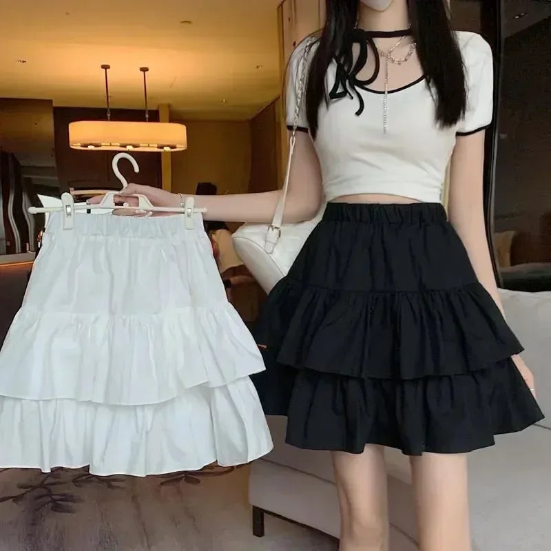 Sweet Cake A-line Skirt Black Women Cute Pleated Puffy Skirt Elastic Waist Preppy Style Solid Color Casual Korean Fashion Casual - reetell