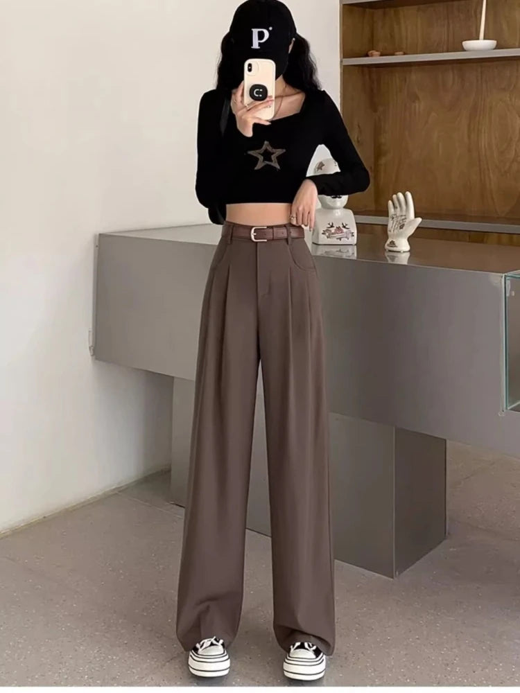 Fashion High Waist Wide Leg Pants Women Spring Fall Baggy Black Trouser Office Ladies Full Length Straight Suit Pant Outwear New - reetell