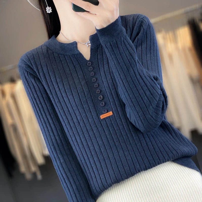 Women's Sweater Autumn/Winter New Solid Color Knitwear V-Neck Pullover Ladies Clothes Fashion Blouse Korean Style Loose Tops - reetell