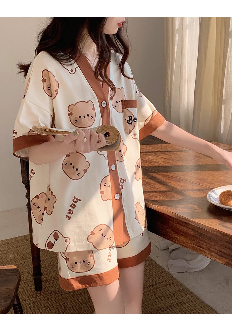 Korean Pajamas Set for Women Summer Loungewear Sleepwear Girls Sweet Lapel Pyjama Kawaii Bear Printed Pijamas Japanese Home Suit