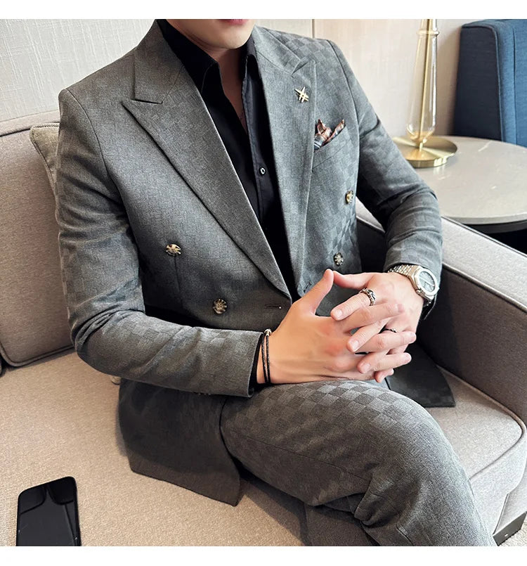 (Jacket+Pants) 2 Pieces Blue Apricot Business Party Men Suits Double Breasted Formal Style Custom Made Wedding Groom Tuxedos - reetell