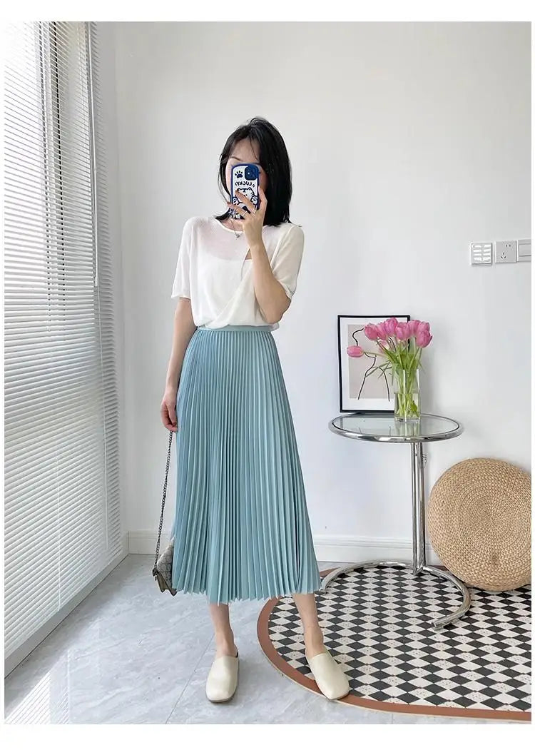 2023 Women Elegant Pleated Skirt High Waist Women Mid-long Skirt Female Ladies High Quality Women Midi Skirt Black Saia - reetell