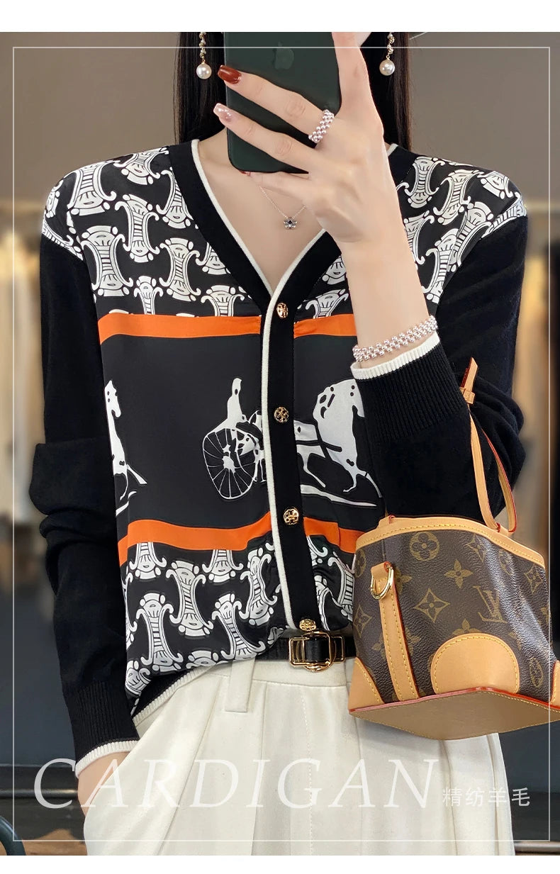 Spring and Autumn New Woven Wool Cardigan Women's V-neck Color Matching Sweater Thin Loose Silk Printed Long Sleeve Knitted Jack - reetell