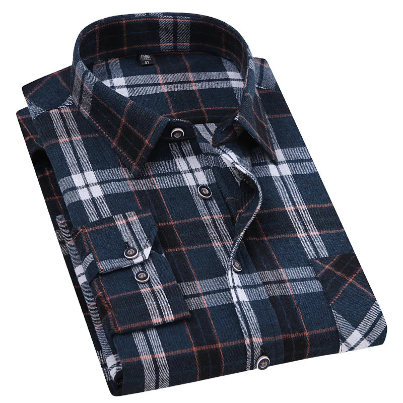 Men Fashion Long Sleeve Brushed Flannel Shirt Single Pocket Comfortable 100% Cotton Casual Slim Fit Button-down Plaid Shirts 8XL - reetell