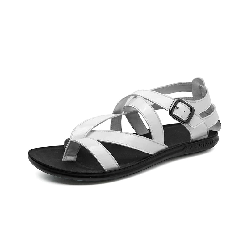 Rome Style Men Leather Sandals Cross Strap White Solid Men 2022 Summer Beach Shoes Size 38-45 Daily Casual Outdoor Driving