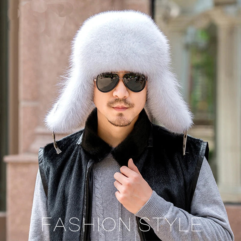 Winter Men's 100% Real Silver Fox Fur Bomber Hat Raccoon Fur Ushanka Cap Trapper Russian Man Ski Hats Caps Real Leather