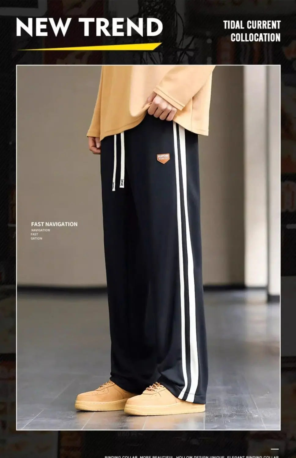 Spring Autumn Elastic Waist Fashion Straight Pants Man High Street Contrast Color Casual Pockets Drawstring All-match Trousers - reetell