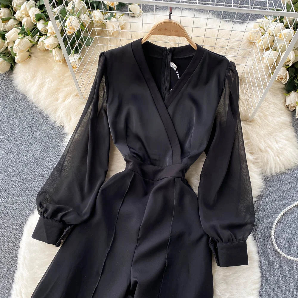 EWQ Elegant Style Chic Jumpsuit Women V-neck Long-sleeve Mesh Patchwork Solid Color Female Jumpsuits Autumn 2023 New 27SN3727