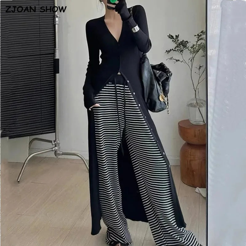 2023 American Retro Single-Brested Buttons Knitted Maxi Long Cardigan Sweater Woman V collar Full Sleeve Jumper Slim Knitwear - reetell