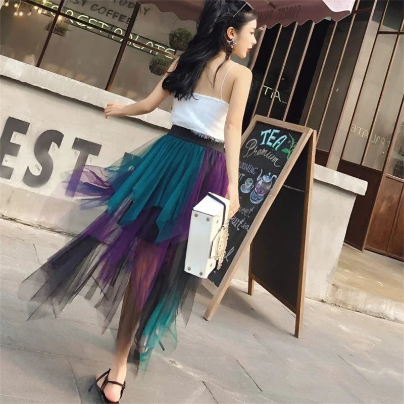 Fashion Summer Tutu Women Skirt Harajuku Tulle Bottom Faldas Casual High Waist Midi Mesh Skirts Woman Clothes Saia Jupe Femme - reetell