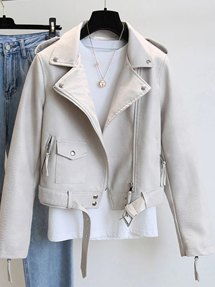 Ftlzz Spring Autumn Women Faux Leather Jacket Slim Streetwear Khaki Leather Coat Biker Moto Jacket with Belt Female Outerwear