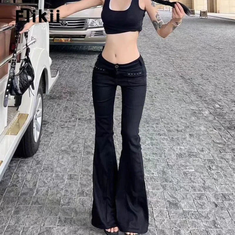 2024 Autumn Hotsweet Sheath High Waist Flared Jeans Female Retro Black Y2K Pants Women's Vintage Slim Sexy Style Denim Trouser - reetell