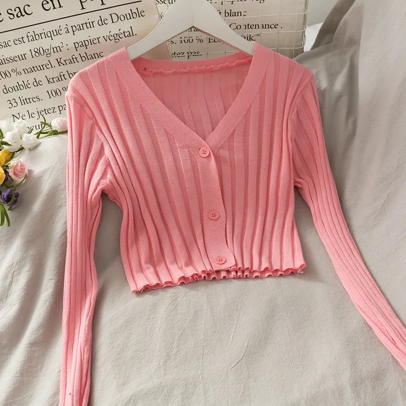 Women Fall Buttons Up Cardigan Shirt Acrylic Long Sleeve V-Neck Slim Cropped Knitwear Ribbed Knit Thin Solid Stretch Top Winter - reetell