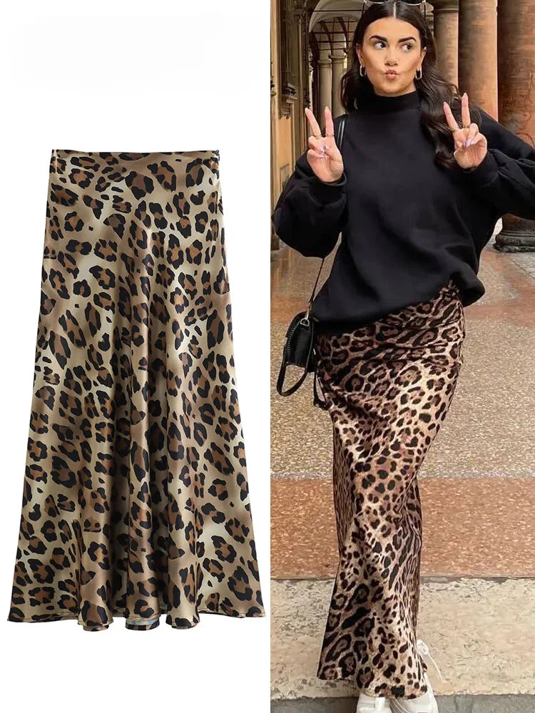 ASDS 2024 Women Fashion Leopard Print Skirt Vintage High Waist Midi Skirts Elegant Women Summer Casual Streetwear Skirt - reetell