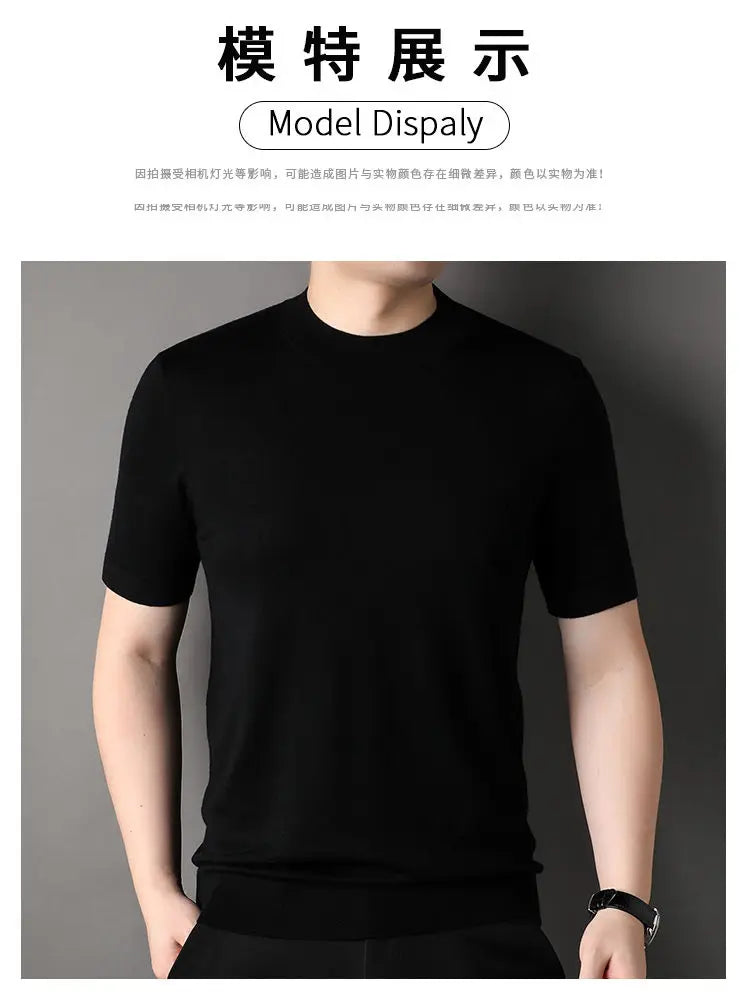 Worsted Mercerized Men Summer Short Sleeves T-shirt Versatile Fashion Male Clothing Half Turtleneck Casual Basic Knitted Tops - reetell