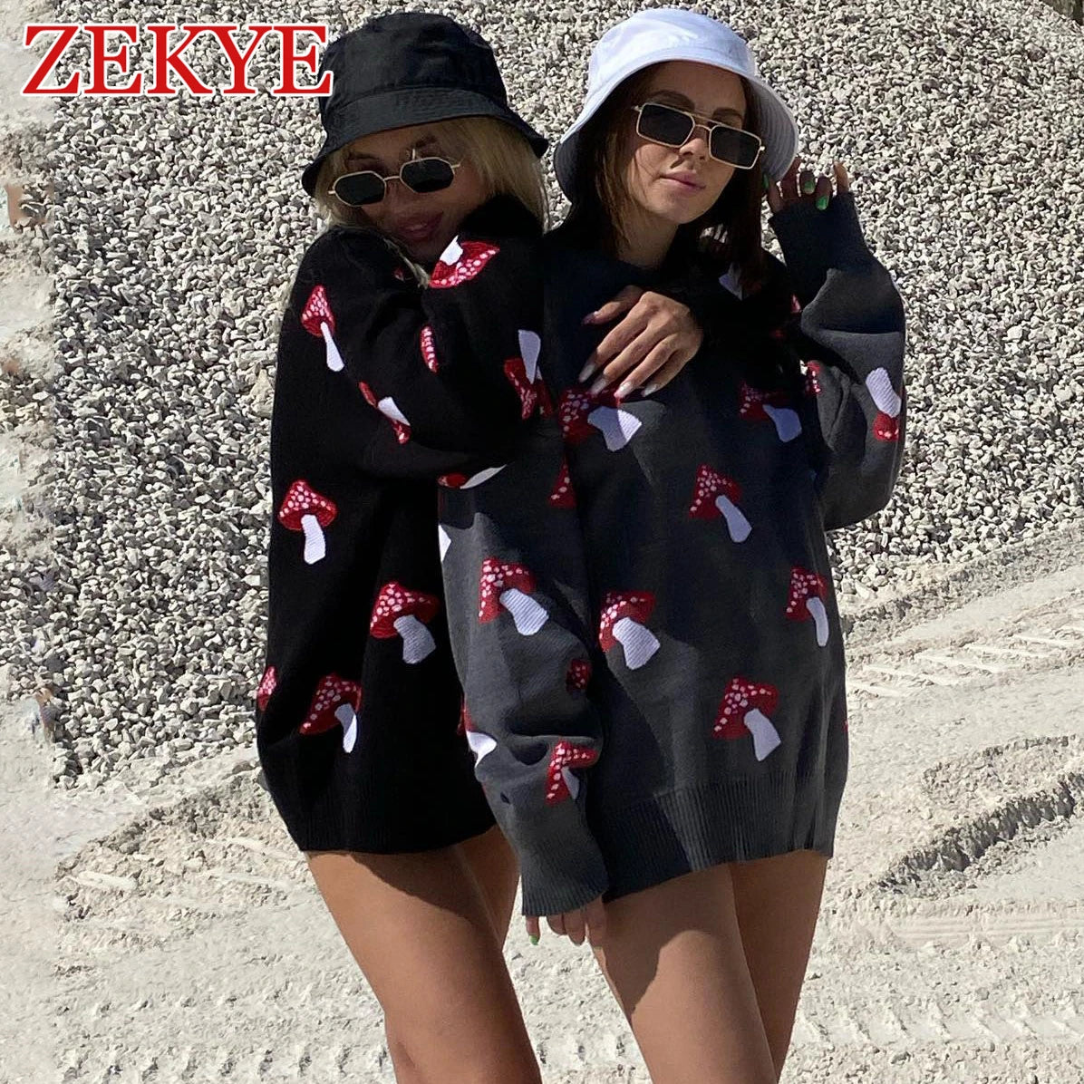 Zekye Mushroom Graphic Cute Black Sweaters Women Winter Loose Long Sleeve Knitwear Casual Basic Outwear Autumn Pullover Elegant - reetell