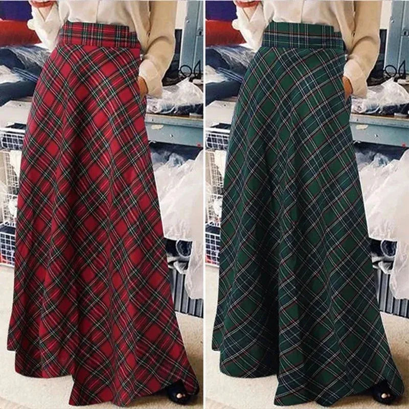 Autumn Winter Women Skirt Korean Style Retro Plaid A-line Skirt Fashion Loose High Waist Stretch Party Long Skirt S-5XL(UK 8-24) - reetell