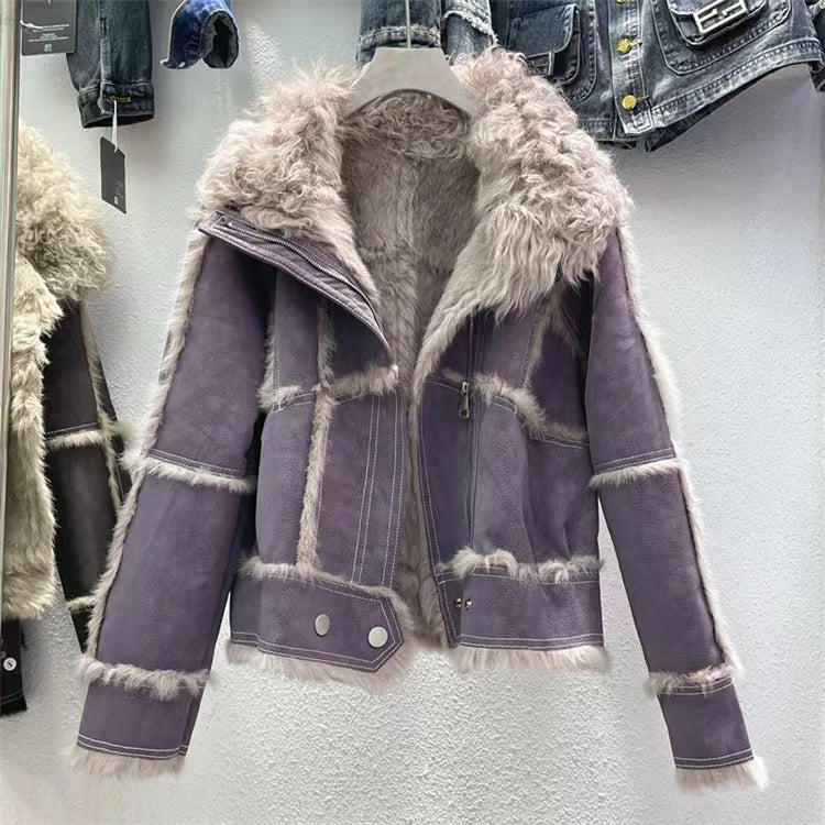 2024 Winter Short Style Fur Women Sheepskin Jacket Tanned Suede Luxury With 100%Natural Rabbit Lining Luxury Fashion Fur Coat - reetell