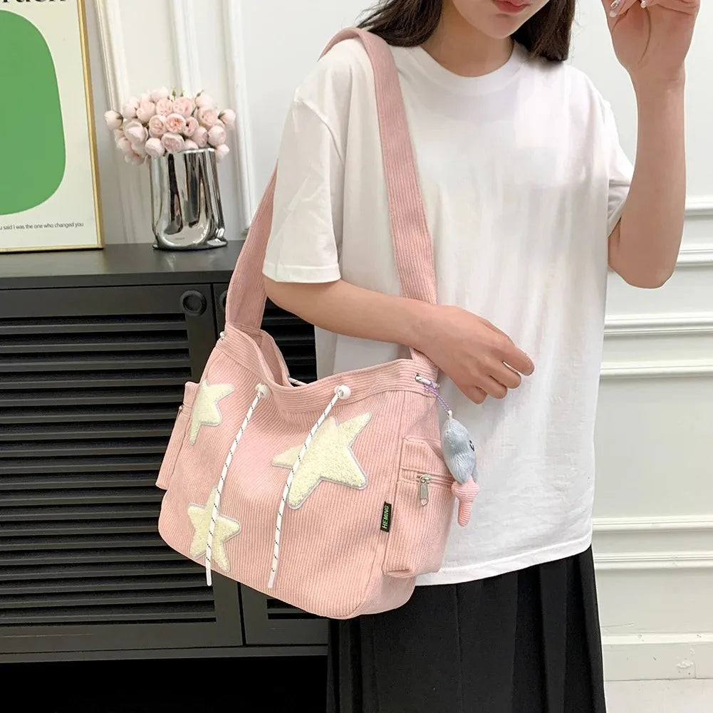 Women Star Pattern Corduroy Crossbody Bag Casual Tote Lady Simple Large Capacity Shoulder Bag Girl Travel School Bookbag Handbag