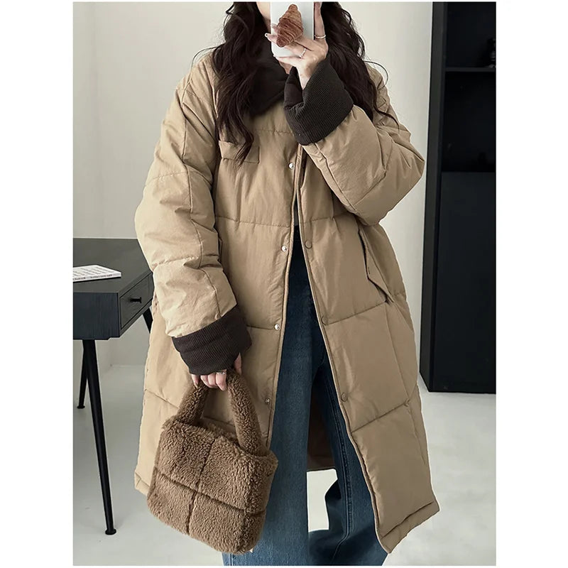 Winter Women's Down Puffer Jackets Baggy Thickening Warm Corduroy Collar Clothing Boutique Clothes Cotton Medium and Long Coats