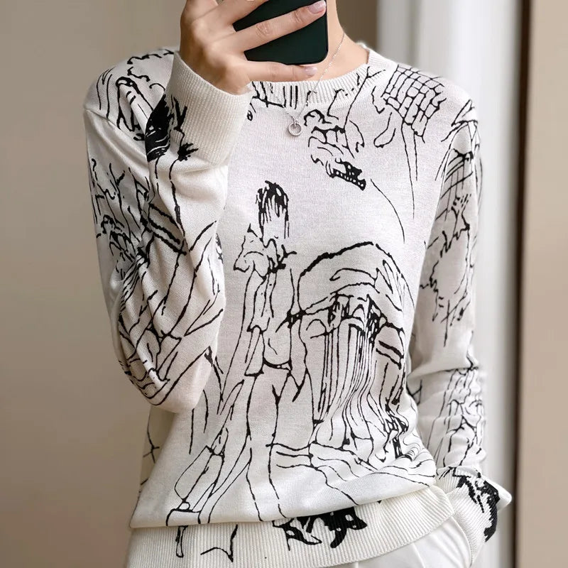 Spring And Autumn New Wool Knitted Cardigan Female Graffiti Print Loose Pullover Long Sleeve Round Neck Thin Sweater Coat XZ TY - reetell