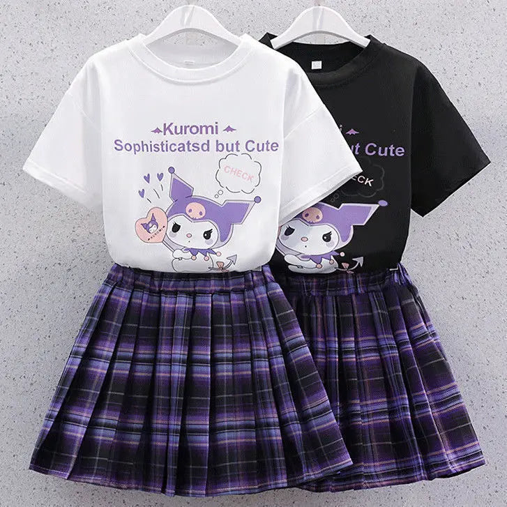 Sanrio New Girls Pleated Skirt T-Shirt Set Kuromi Summer Cute Skirt Set Jk College Style Fashion Clothing Set Holiday Gift - reetell