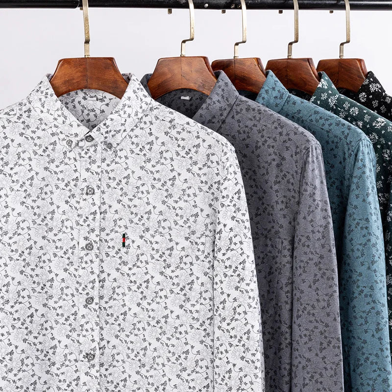 Fashion korean100%cotton casual long-sleeve shirts for men slim fit plain tops print designer vintage elegant clothes streetwear