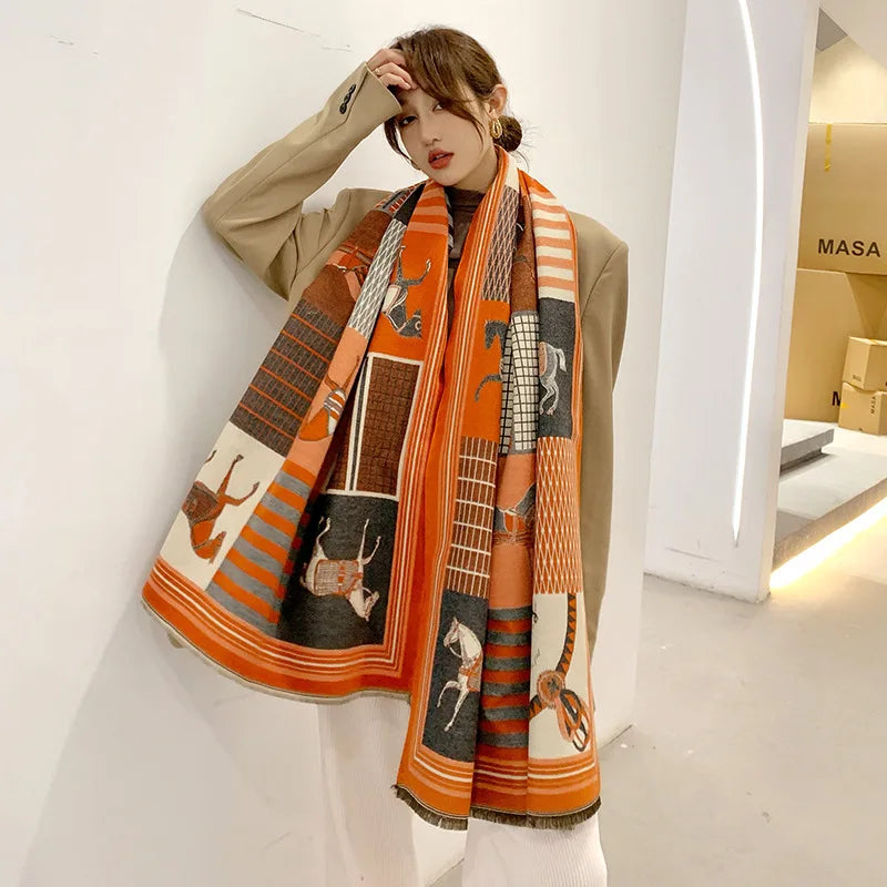 Women's Autumn Winter Horse Pattern Scarf New Luxury Cashmere Feeling Large Blanket Wrap Soft Warm Brand Shawl Retro & Classical - reetell