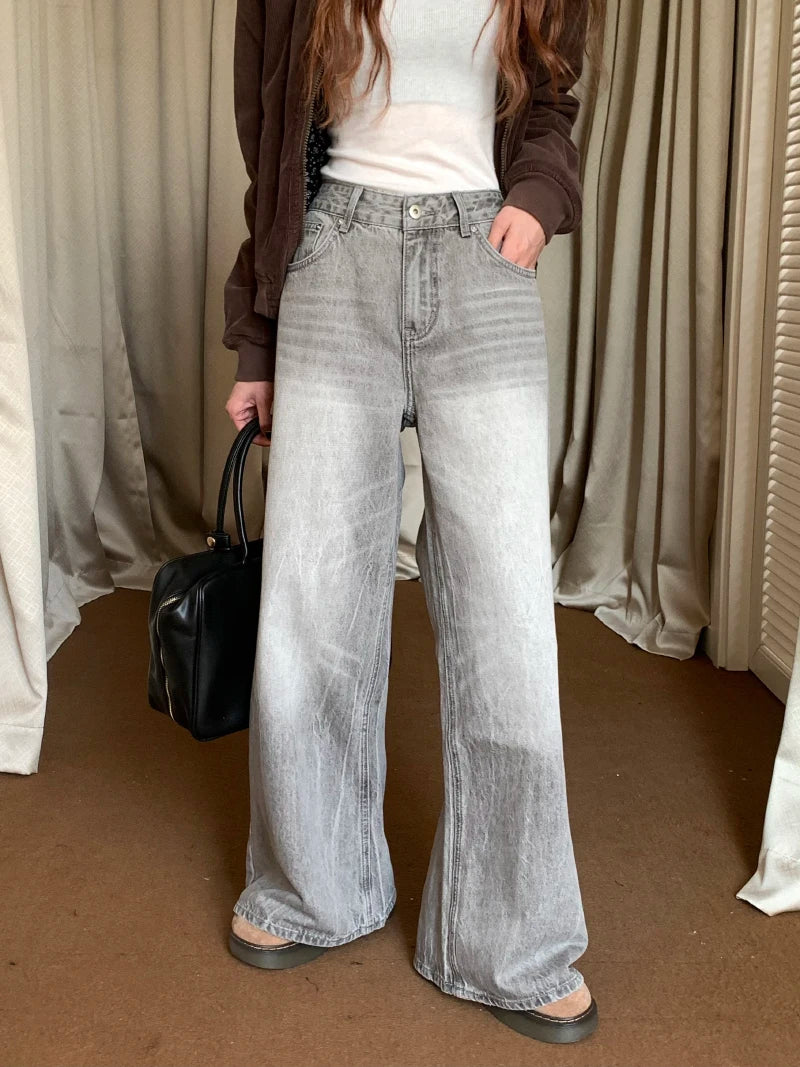 Summer Grey Womens Jeans High Waist Baggy Casual Vintage Y2K Trend Straight Cargo Pants Street American Wide Leg Denim Trouser - reetell