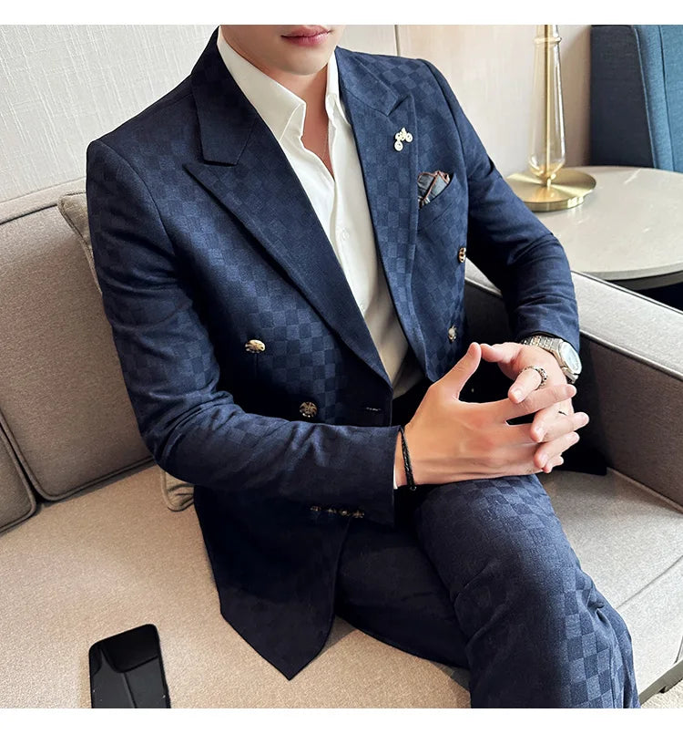 (Jacket+Pants) 2 Pieces Blue Apricot Business Party Men Suits Double Breasted Formal Style Custom Made Wedding Groom Tuxedos - reetell