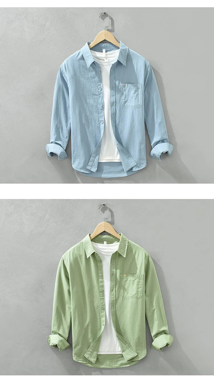 Spring Men's Casual Long-Sleeved Shirt, Versatile Japanese Style Simple Fashion Shirt, Youth Loose Trendy 100% Cotton Coat