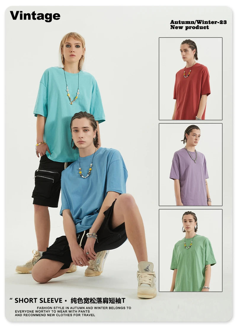 ZODF Trendy 2024 Men Basic Solid Cotton T-Shirts Unisex Male 190gsm Summer Loose Comfortable Soft Tees Shirt Streetwears HY0040