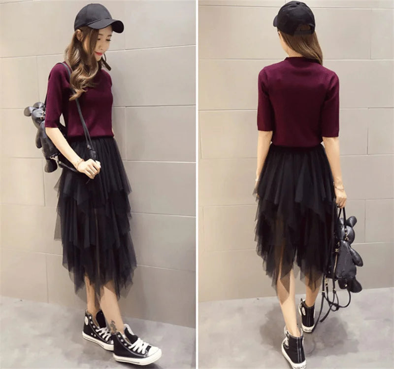 Fashion Summer Tutu Women Skirt Harajuku Tulle Bottom Faldas Casual High Waist Midi Mesh Skirts Woman Clothes Saia Jupe Femme - reetell