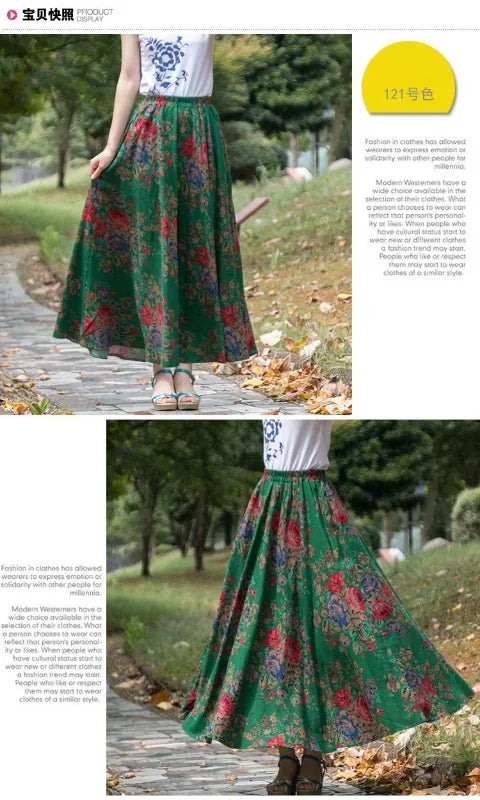 Fashion Summer Cotton Linen Women Skirt Saia Casual Vintage y2k Print Long Skirts Woman Clothes Bohemian Faldas Maxi Bottom Jupe - reetell