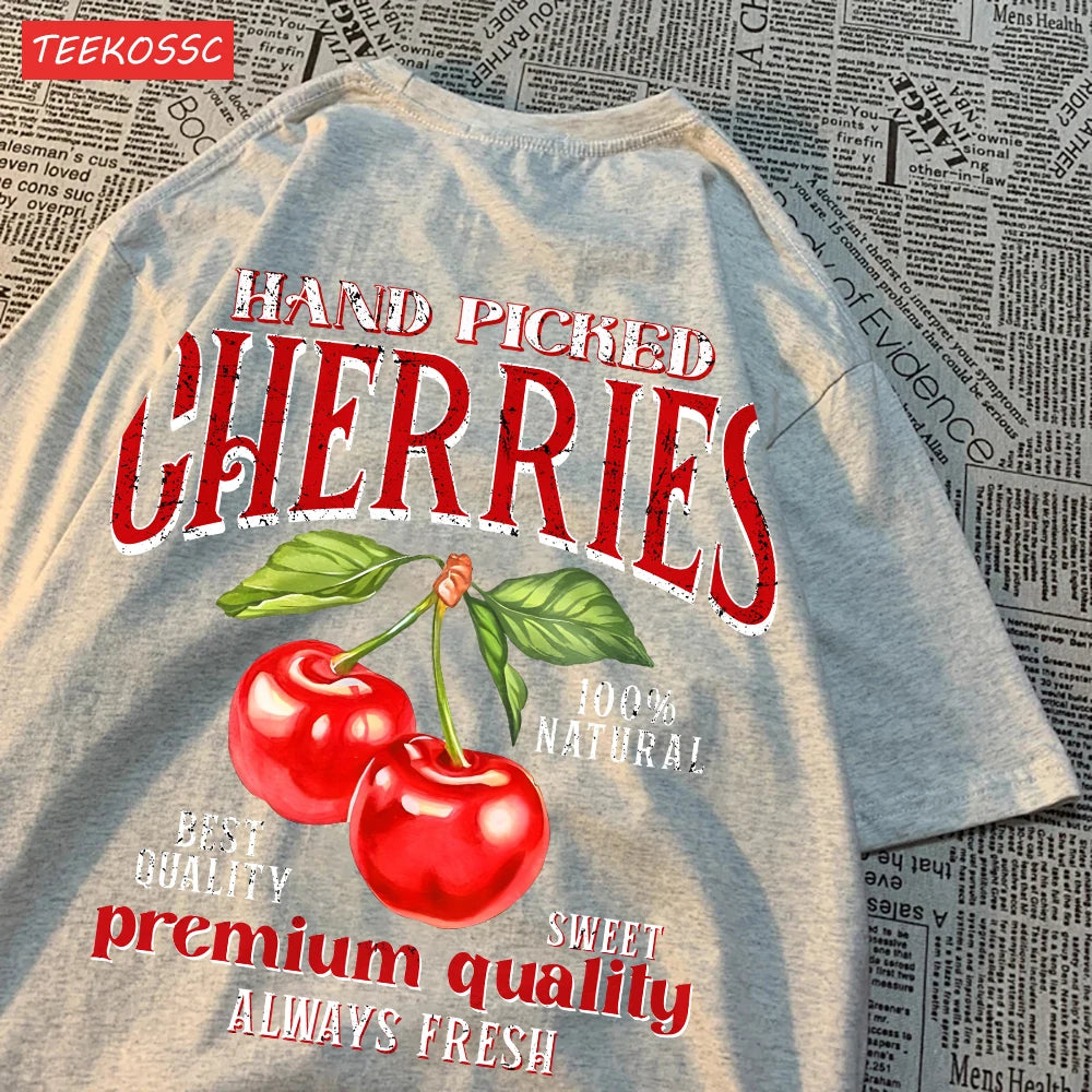 Fashion Cotton Women'S T-Shirts Hand Picked Cherries Printing Tops Oversize Crewneck Soft Short Sleeve Street Female Clothes - reetell