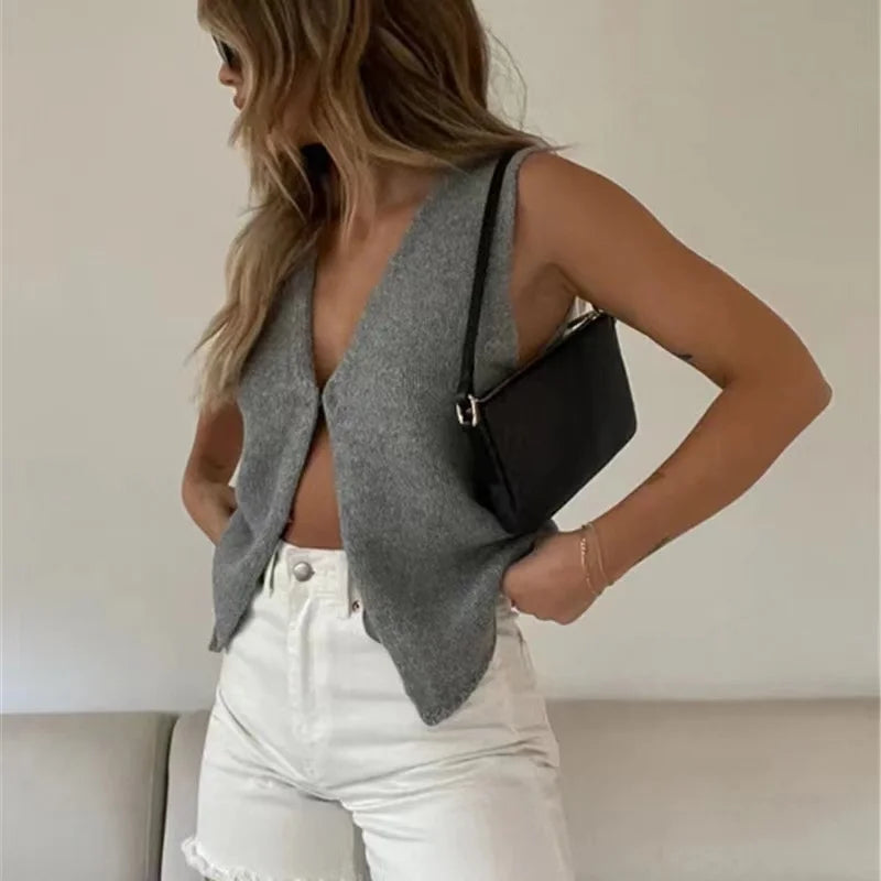 Tossy Female Hollow Out Knit Cardigan Sexy Sleeveless Baggy High Street Tank Top Summer V-Neck Slim Fashion Women Vest Y2k Top - reetell